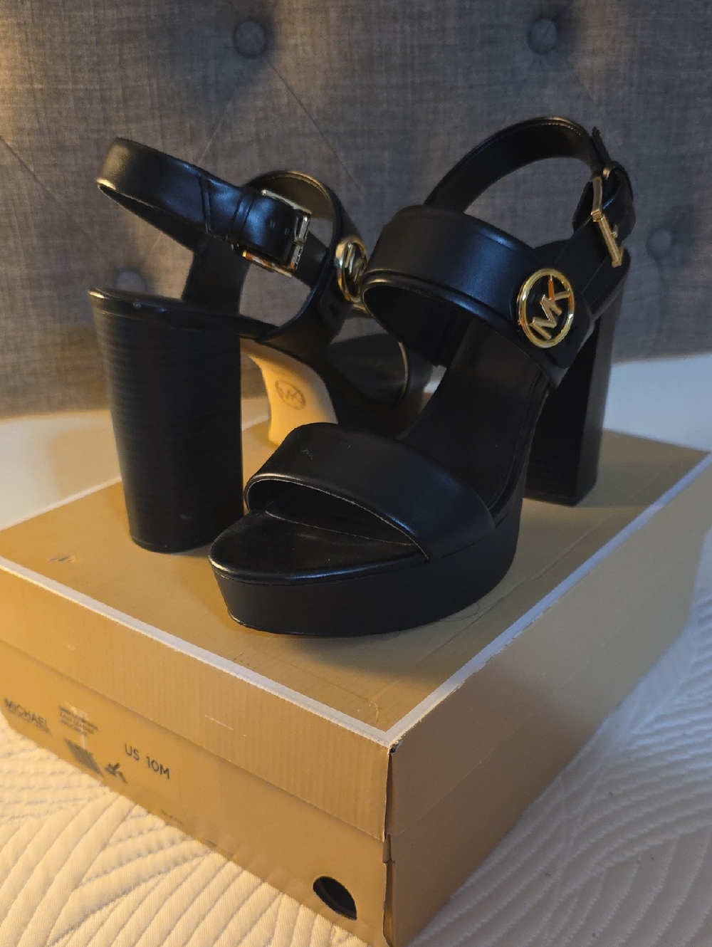 Michael Kors Black Leather Platform Block-Heel Sandals with Gold MK Medallion